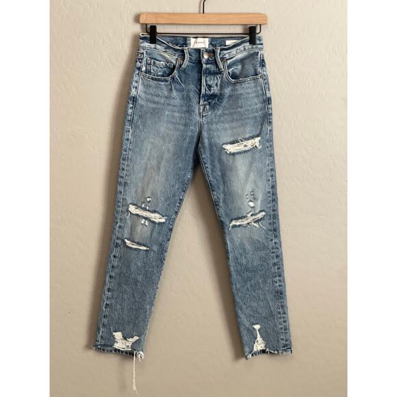 Frame Le Original Distressed High Rise Straight Fit Denim - 24 - Picture 1 of 8